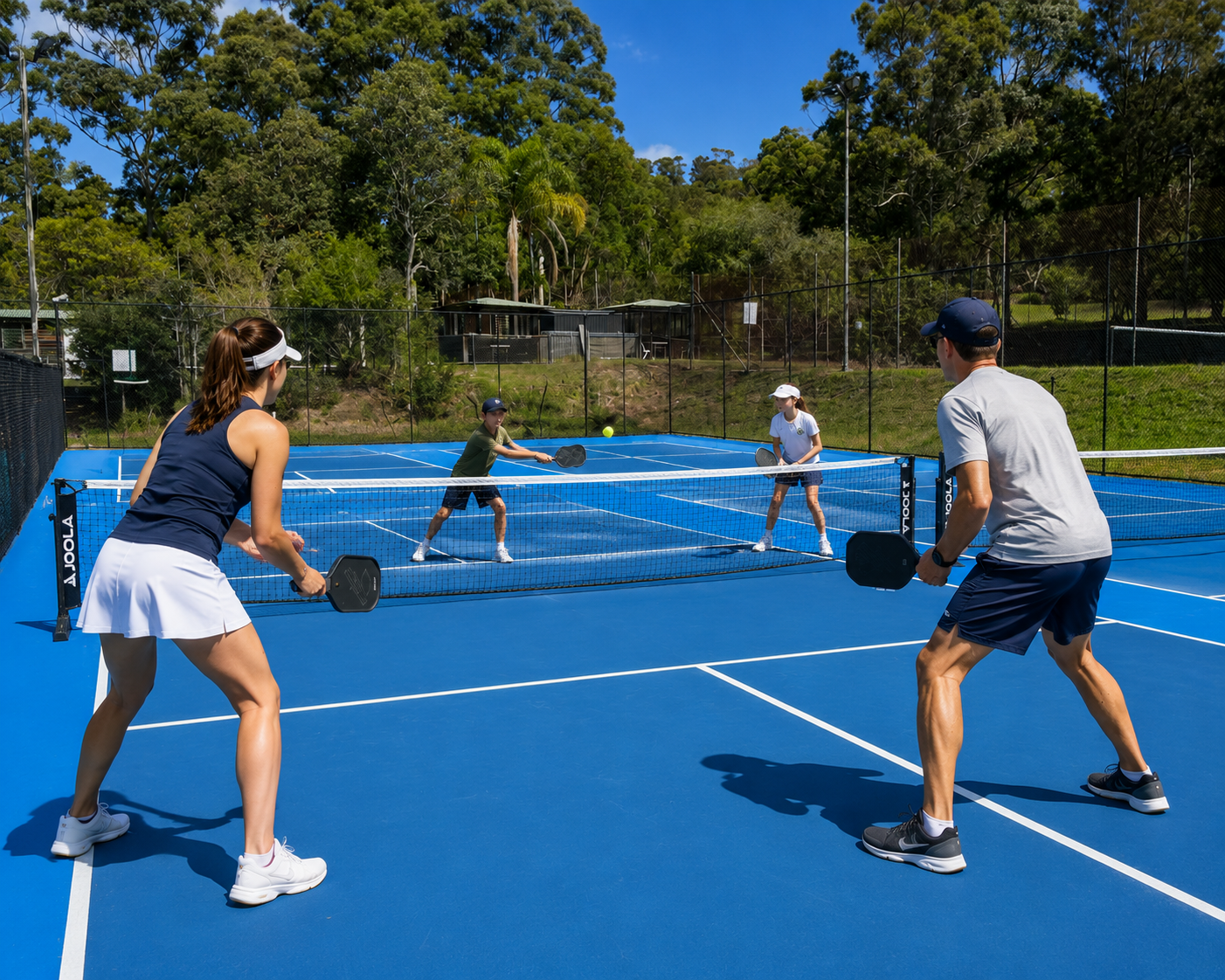 Family enjoying a friendly game of pickleball together outdoors 