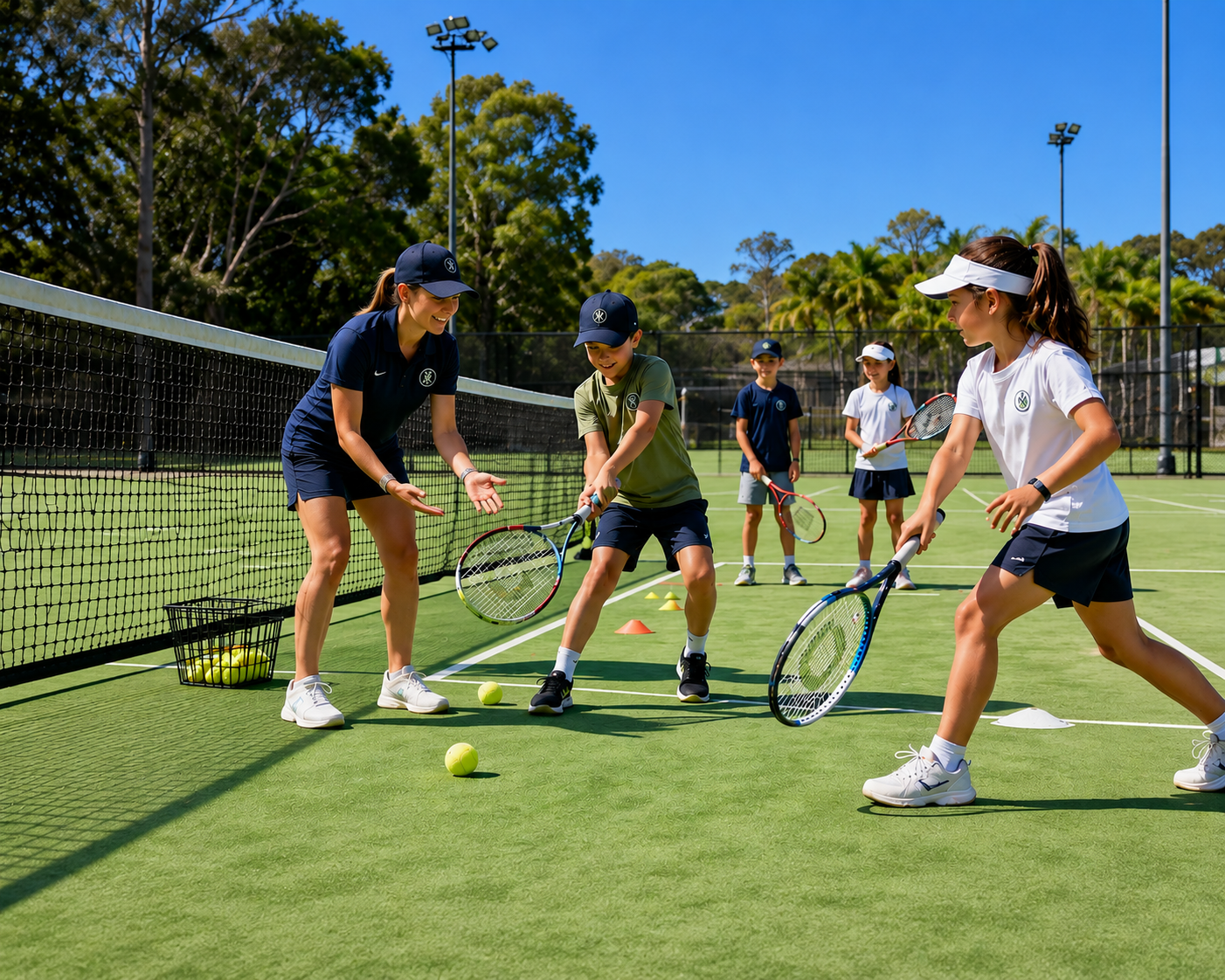 Junior tennis group coaching session for children learning tennis skills
