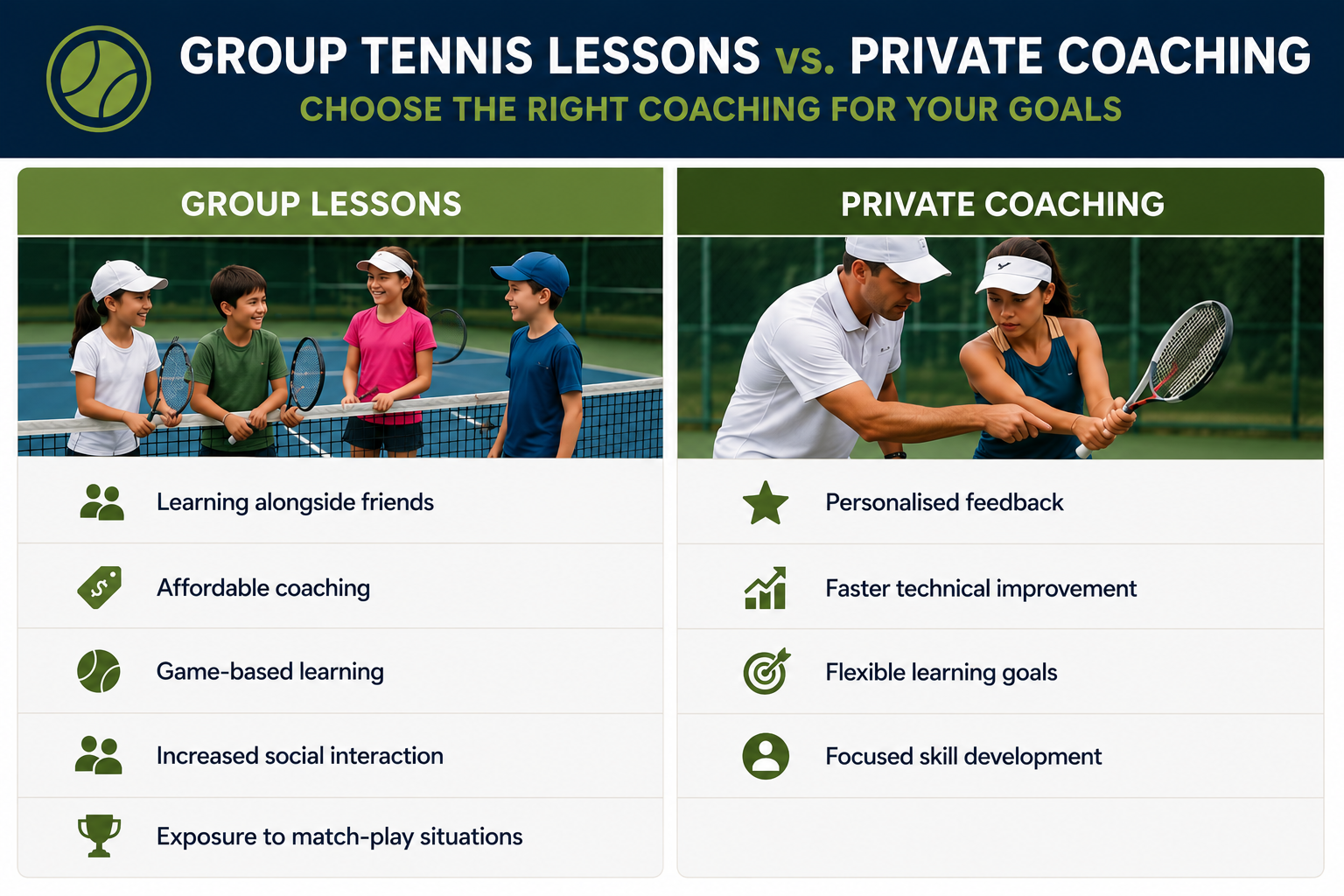 Comparison table showing differences between group tennis lessons and private coaching