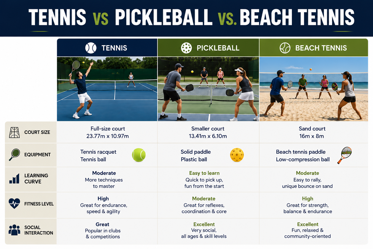 Comparison of tennis pickleball and beach tennis including court size equipment learning curve fitness level and social interaction