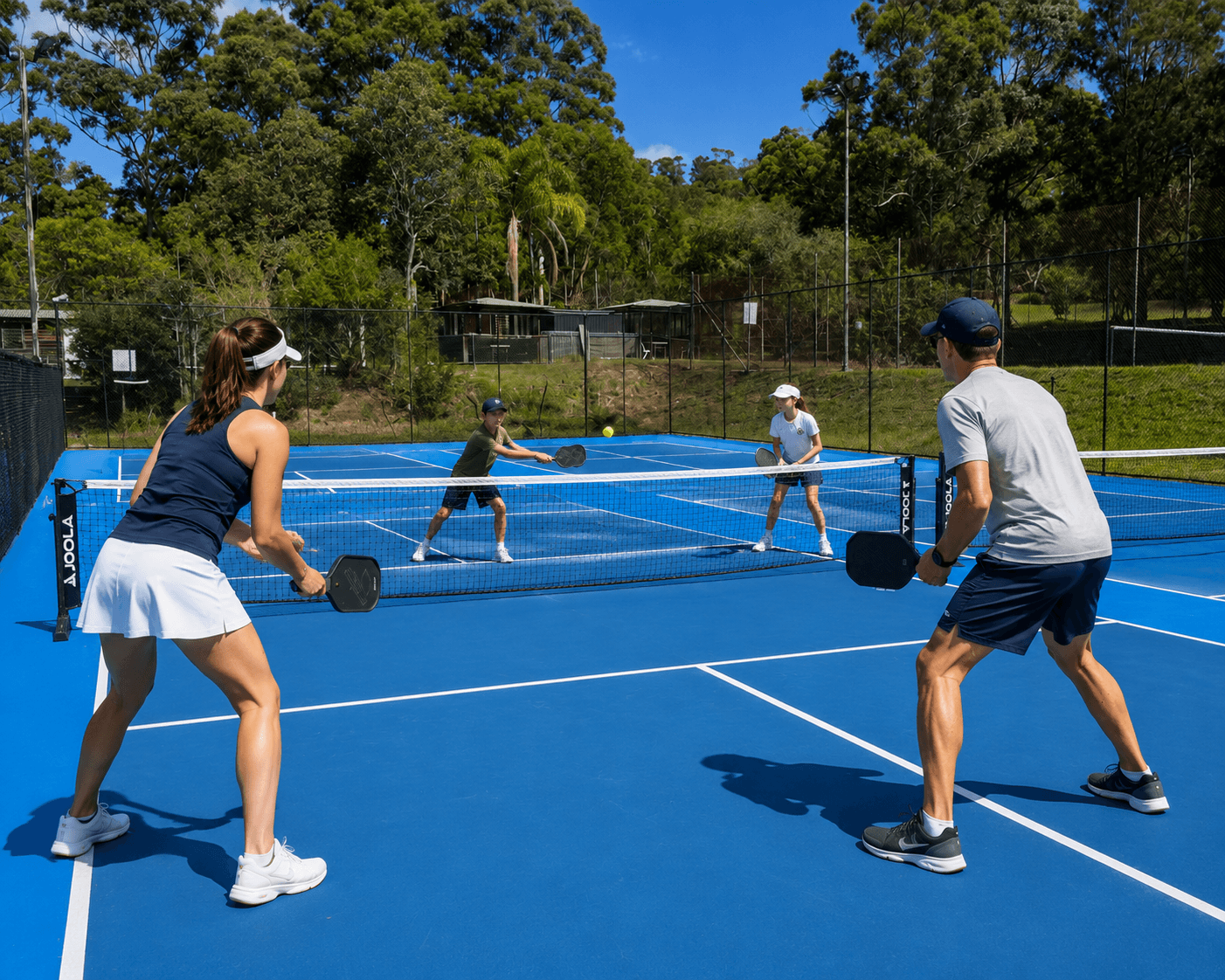 Family enjoying a friendly game of pickleball together outdoors