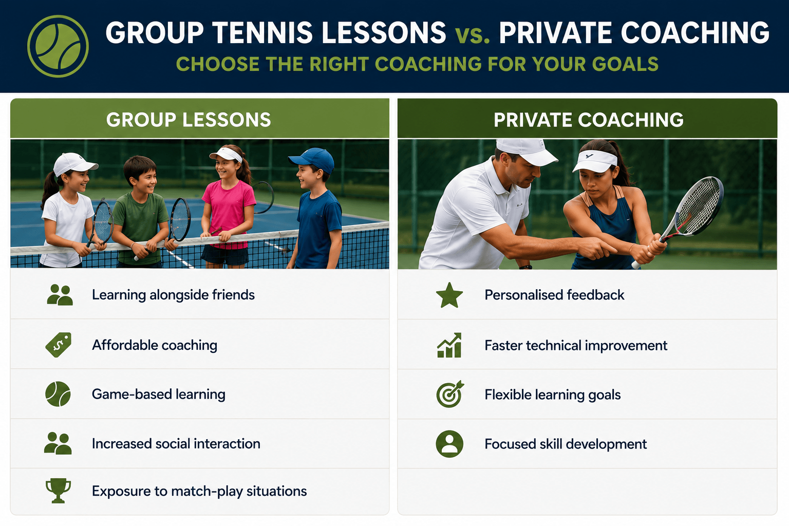 Group lessons vs private coaching comparison table
