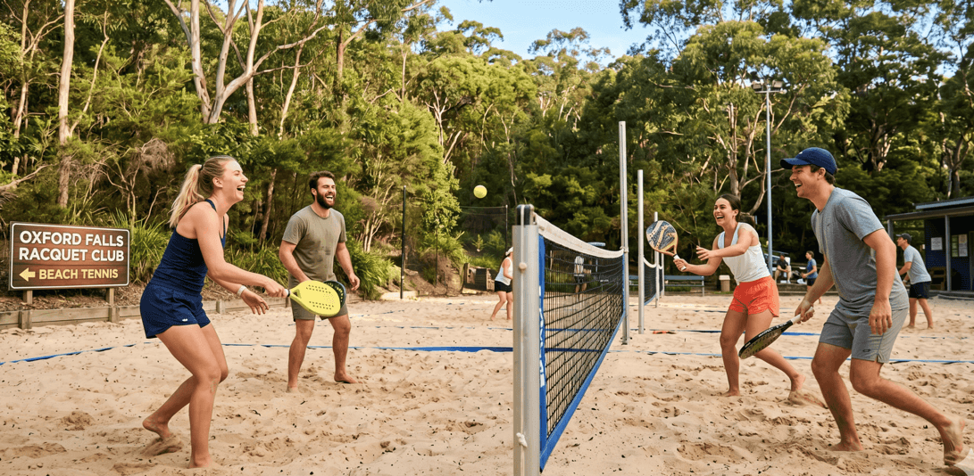 Players-laughing-and-rallying-on-the-beach-tennis-court-at-Oxford-Falls-Racquet-Club-with-the-bushland-setting-visible-in-the-background-scaled