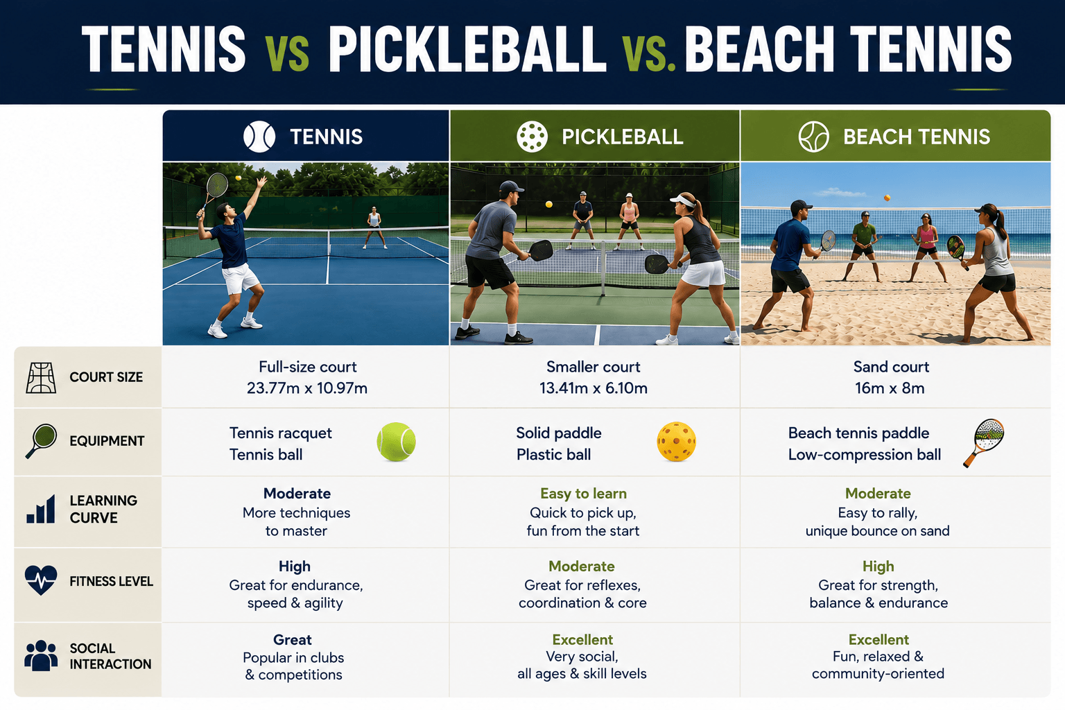 Comparison of tennis pickleball and beach tennis including court size equipment learning curve fitness level and social interaction