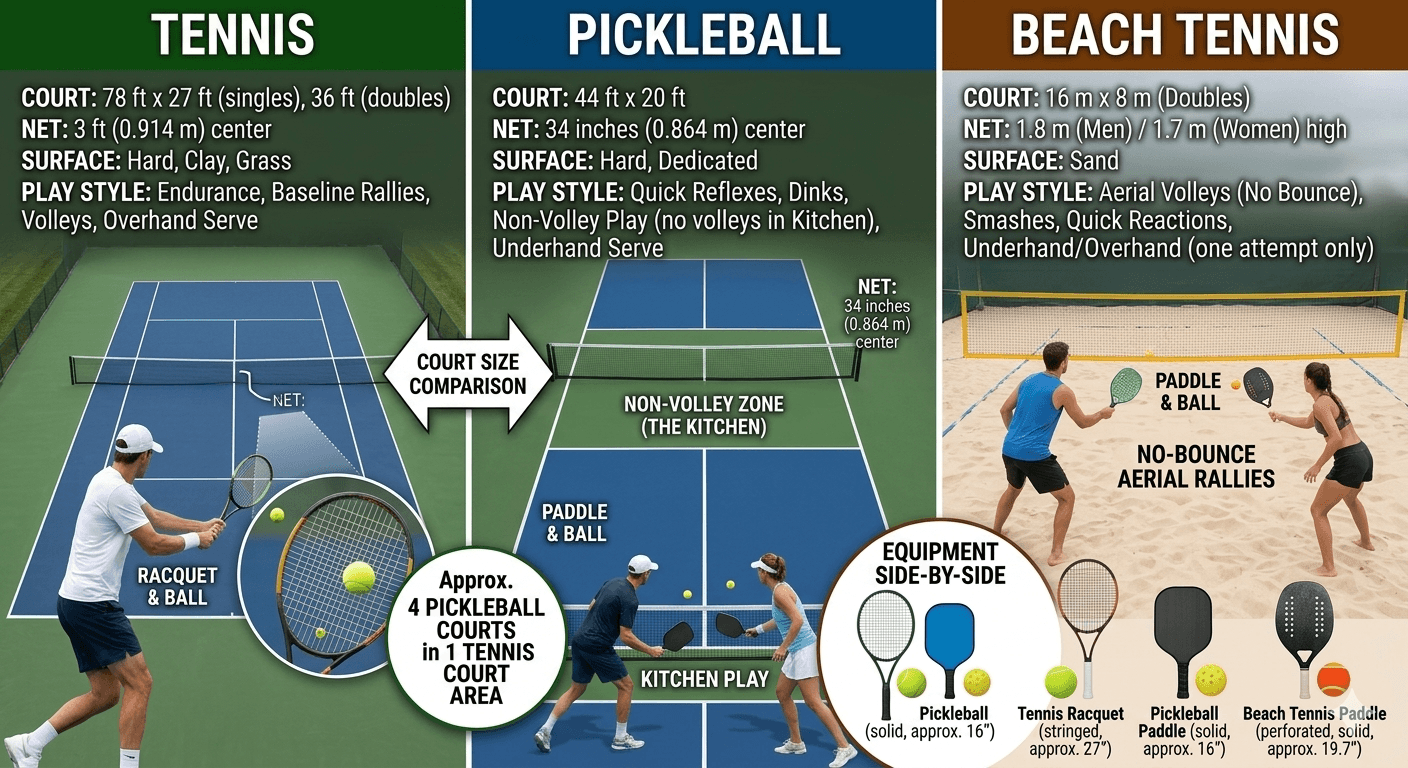 comparison image showing tennis, pickleball, and beach tennis courts