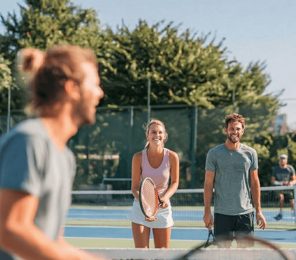 social doubles match photo with players smiling and interacting